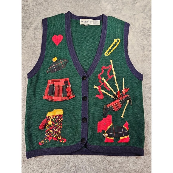 The Eagle'S Eye Sweaters - Vintage 1993 Eagles Eye Scottish Scottie Dog Bagpipes Knit Sweater Vest Green M